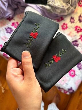 Black Floral Embroidered Zip Pouch Wallet - Unbranded